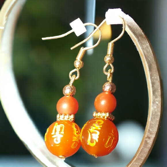 Orange & Gold Carnelian Etched Beaded Handcrafted Earrings - Picture 2 of 4